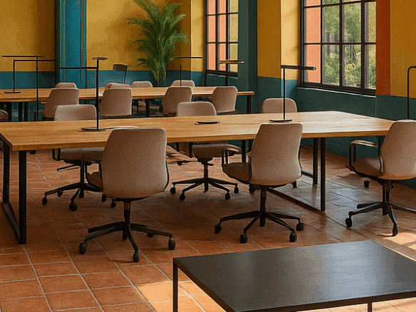 Espacio de coworking moderno en San Miguel de Allende con detalles coloniales coloridos.