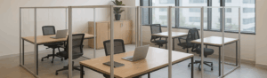 Oficina moderna con cubículos de acrílico transparente y mobiliario profesional